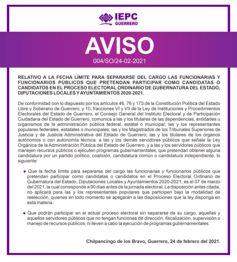 IEPCGro establece la fecha límite para que las y los funcionarios que participaran en las próximas elecciones abandonen sus cargos