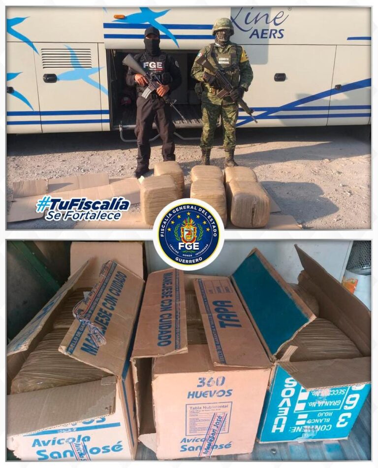 Fiscalía de Guerrero y SEDENA mediante operativo conjunto aseguraron paquetes con hierba verde conocida como marihuana en el interior de un autobús en Región Norte.