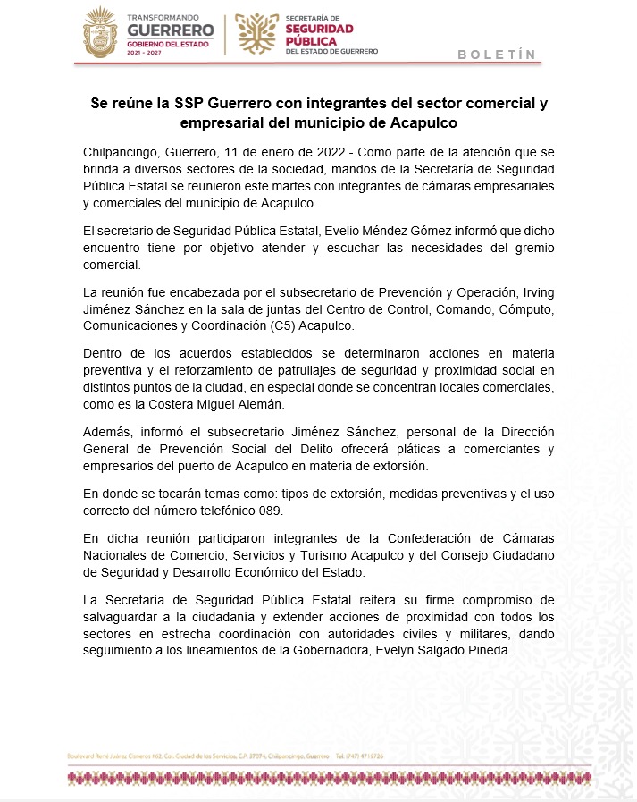 Se reúne la SSP Guerrero con integrantes del sector comercial y empresarial del municipio de Acapulco