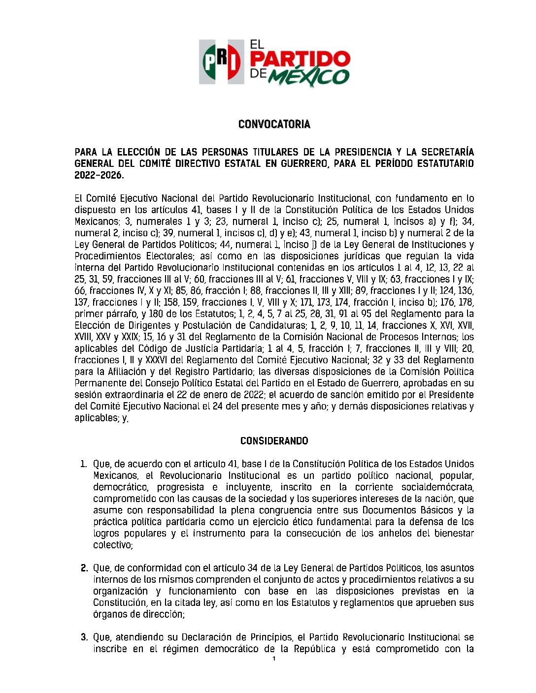 Convocatoria para Renovación del Comité Directivo Estatal del PRI Guerrero en fórmula Presidente y Secretaría General para el periodo 2022-