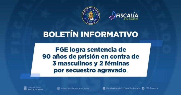 FGE logra sentencia de 90 años de prisión en contra de 3 masculinos y 2 féminas por secuestro agravado, en Chilpancingo