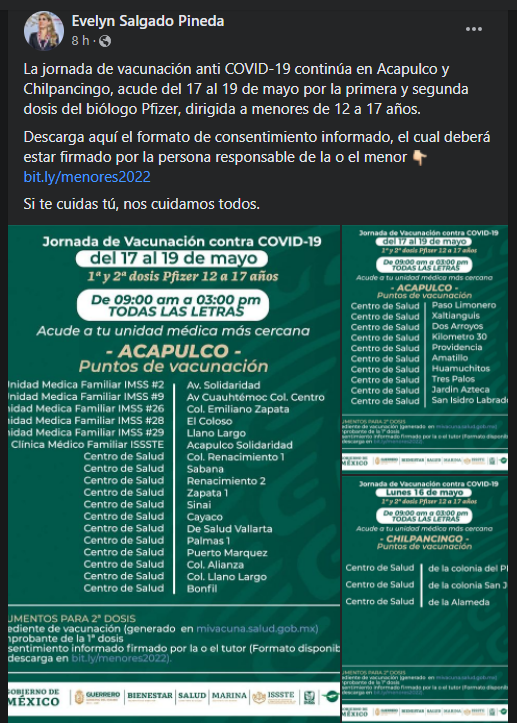 Anuncia la Gobernadora, Evelyn Salgado que continua la jornada de Vacunación anti Covid- 19 en Acapulco y Chilpancingo