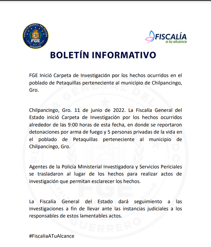 FGE Inició Carpeta de Investigación por los hechos ocurridos en el poblado de Petaquillas perteneciente al municipio de Chilpancingo, Gro