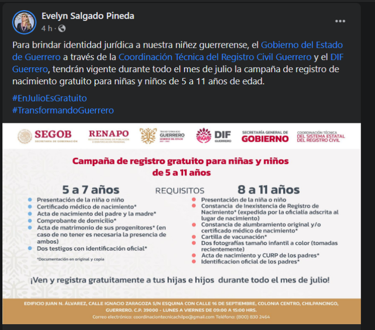 ANUNCIA GOBERNADORA EVELYN SALGADO, MES DE REGISTROS GRATUITOS PARA NIÑAS Y NIÑOS DE 5 A 11 AÑOS EN GUERRERO