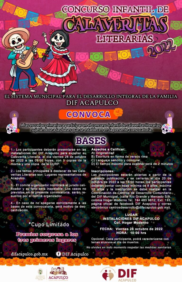 Convoca DIF Acapulco al Concurso Infantil de “Calaveritas Literarias 2022”
