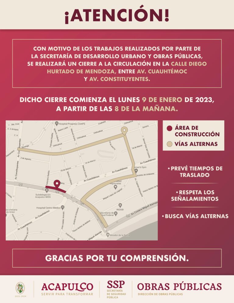 Reanudará Gobierno Municipal obras en Costera y Diego Hurtado de Mendoza