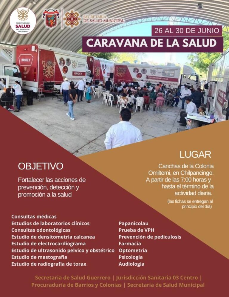 Anuncian Caravana de la Salud con diversos servicios médicos en Chilpancingo  Chilpancingo, Gro., 21 de junio de 2023.- El ayuntamiento de Chilpancingo, a través de la Secretaría de Salud municipal en coordinación con la Jurisdicción Sanitaria 03 Centro y la Secretaría de Salud estatal, llevarán a cabo la Caravana de la Salud del 26 al 30 de junio.  El secretario de Salud municipal, Marco Moreno Abarca, informó que por instrucciones de la presidenta municipal Norma Otilia Hernández Martínez se ofrecerán diversos servicios gratuitos para la ciudadanía como consultas médicas, estudios de laboratorio clínicos, consultas odontológicas, estudios de densitometría calcánea, electrocardiograma, ultrasonido pélvico y obstétrico, mastografía, radiografía de tórax, papanicolau, prueba de VPH, prevención de pediculosis, farmacia, optometría, psicología y audiología.  «El objetivo de esta Caravana de la Salud es fortalecer las acciones de prevención, detección y promoción a la salud, en beneficio de las y los capitalinos y contribuir a la economía familiar mediante estos servicios gratuitos», señaló.  El titular de Salud municipal reiteró que para la presidenta municipal Norma Otilia Hernández Martínez el cuidado de la salud de las familias es prioritario, por lo que se han realizado diversas campañas de prevención de forma permanente.  Invitó a toda la sociedad a aprovechar esta Caravana impulsada por el gobierno del estado en coordinación con el ayuntamiento, pues los servicios que se brindarán generalmente son costosos y ahí los podrán recibir de manera gratuita.  La Caravana de la Salud estará ubicada en las canchas de la colonia Omiltemi a partir de las 7 de la mañana y hasta el término de la actividad diaria, del 26 al 30 de junio.  Para brindar una atención más eficiente y ordenada se entregarán fichas a las personas que acudan a solicitar algún servicio médico