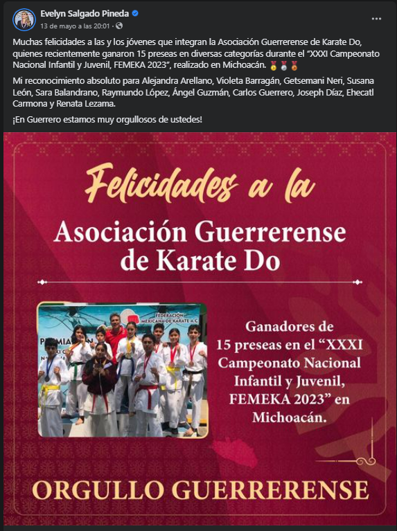 Felicita gobernadora Evelyn Salgado a la Asociación Guerrerense de Karate Do por sus 15 preseas