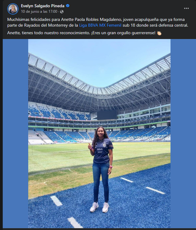 Felicita la gobernadora Evelyn Salgado a Anette Paola Robles Magdaleno quien formara parte de Rayados del Monterrey de la Liga BBVA MX Femenil