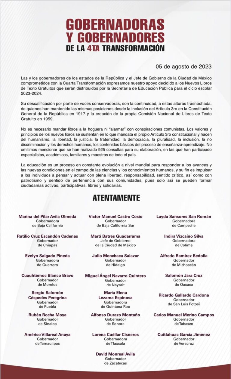 Las y los Gobernadores de la #4T, así como el Jefe de Gobierno de la #CDMX apoyamos la distribución por parte de la Secretaría de Educación Pública de los nuevos libros de texto: Evelyn Salgado