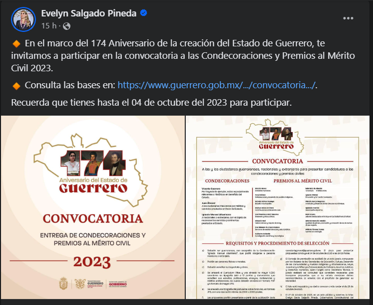 En el marco del 174 Aniversario de la creación del Estado de Guerrero, te invitamos a participar en la convocatoria a las Condecoraciones y Premios al Mérito Civil 2023: Evelyn Salgado