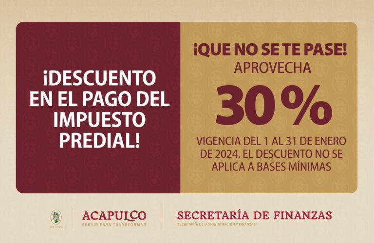 Ofrece Gobierno de Acapulco descuento del 30 por ciento en pago del impuesto predial