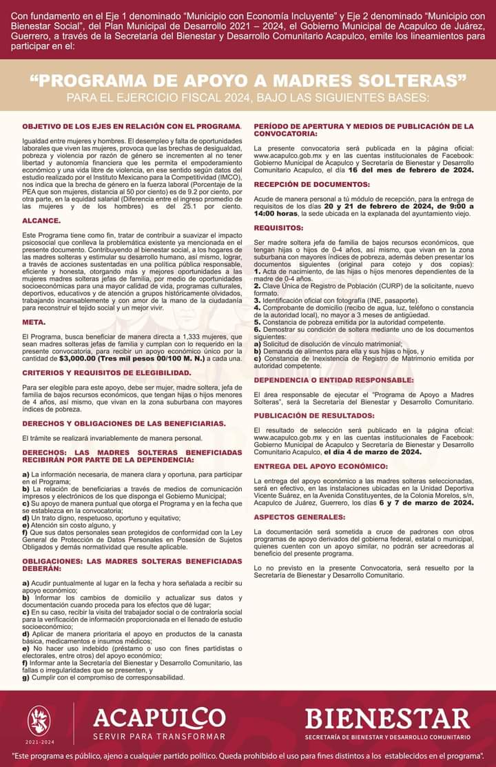 Emite Gobierno de Acapulco convocatoria para «Programa de apoyo a madres solteras»