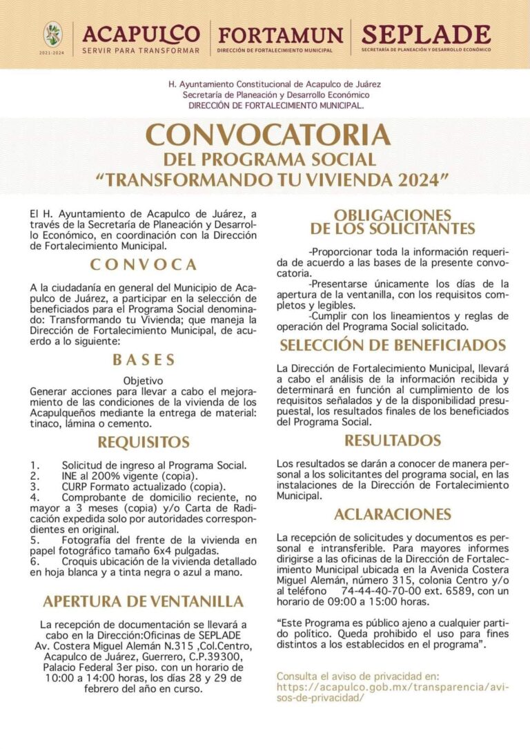 Abre Gobierno de Acapulco convocatoria de programa “Transformando tu Vivienda 2024”