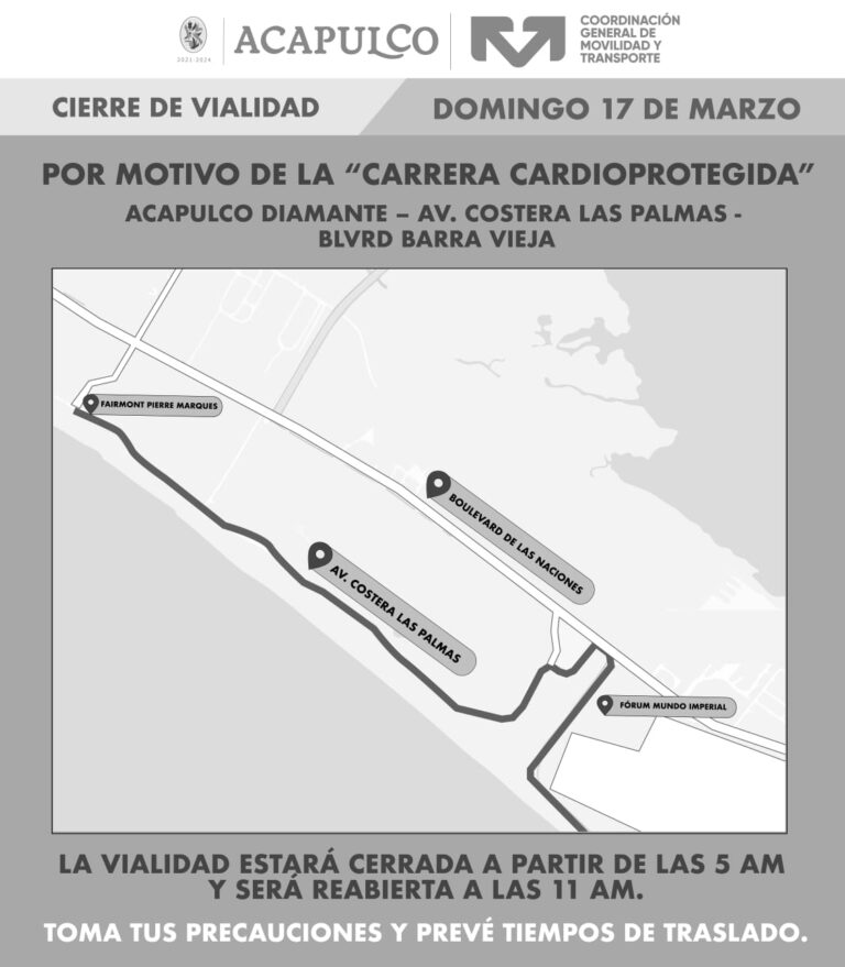 Anuncia Gobierno de Acapulco cierre de circulación en Diamante por “1ª Carrera Cardioterapia”