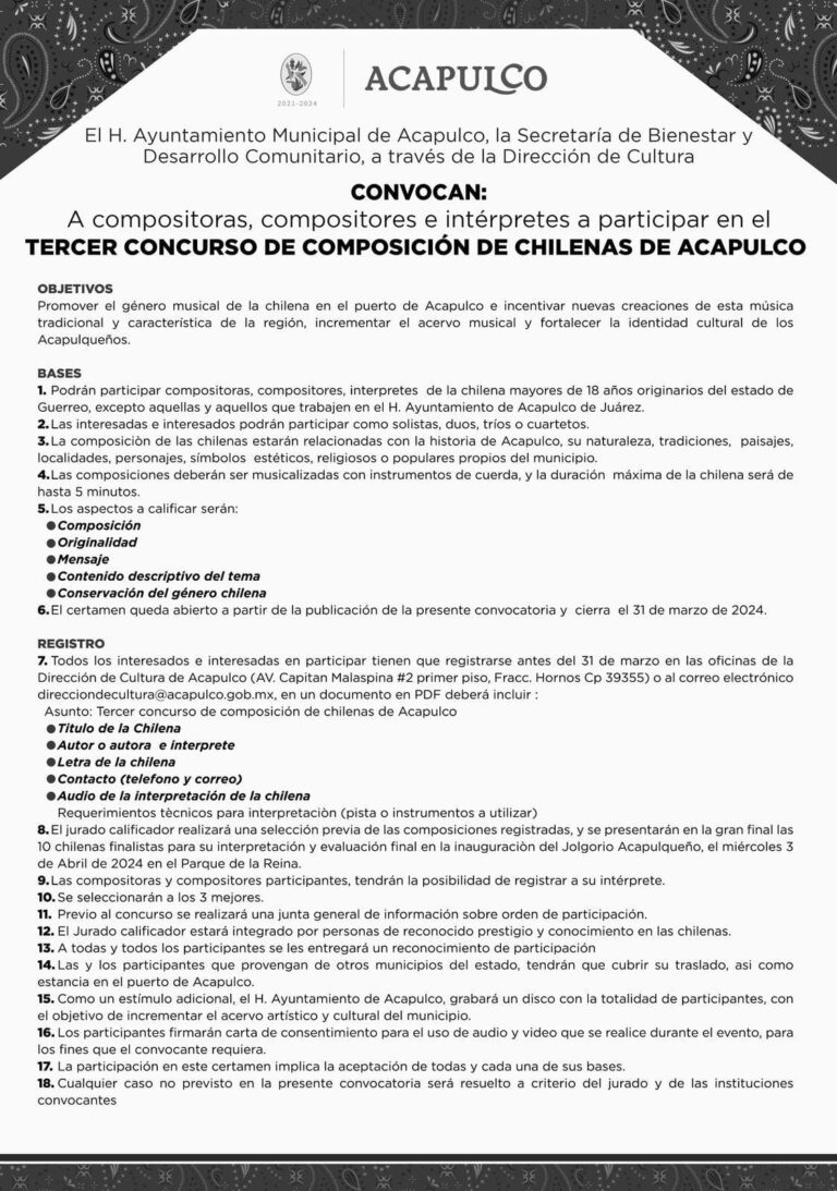 Abre Gobierno de Municipal convocatoria para la composición de chilenas dedicadas a Acapulco