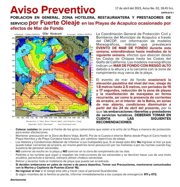 Mantiene Gobierno de Acapulco aviso preventivo por mar de fondo