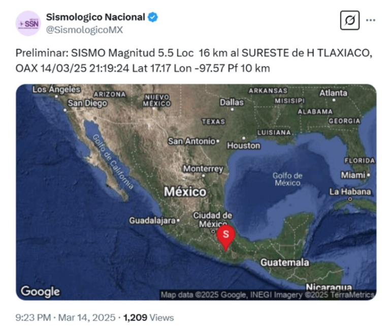 Sismo de magnitud preliminar 5.5 en Oaxaca, es perceptible en CDMX