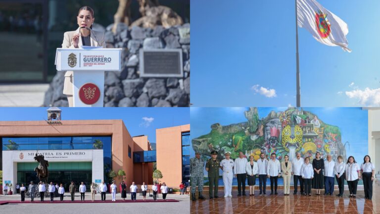 Evelyn Salgado iza bandera monumental del escudo de Guerrero en el 176 Aniversario de la Erección del estado