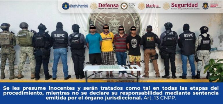 FGEGuerrero detiene en flagrancia a cuatro personas en Acapulco; les aseguran droga, arma y cartuchos útiles